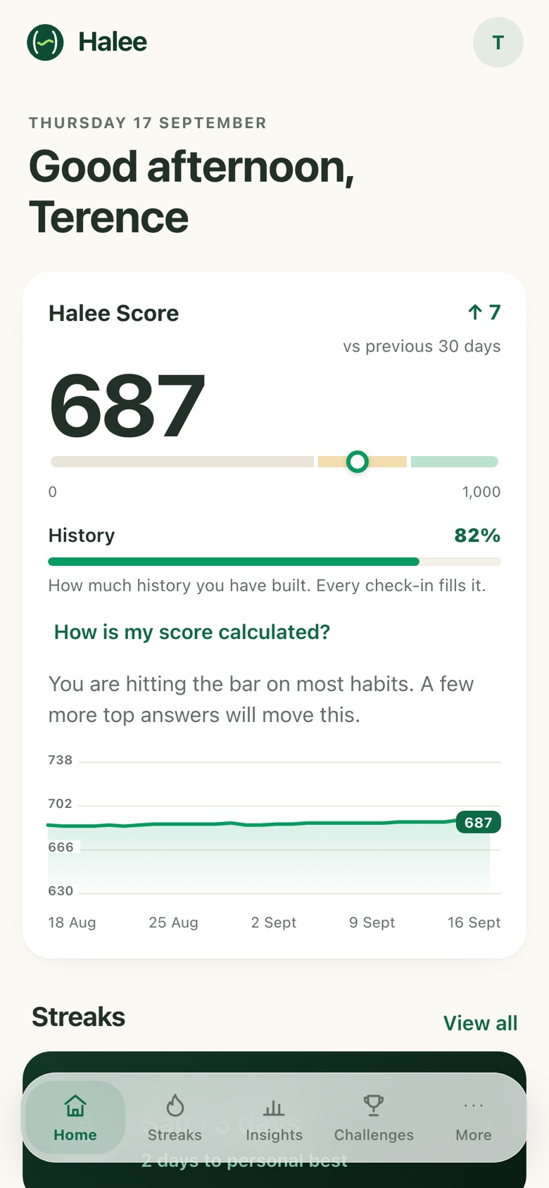 The Halee app home screen: the Halee Score, the History bar beneath it, the trend over time and the current longest streak.