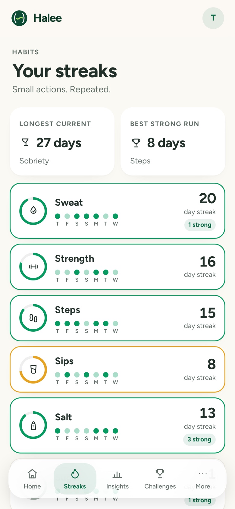 The streaks screen: current and best runs for each of the ten habits.